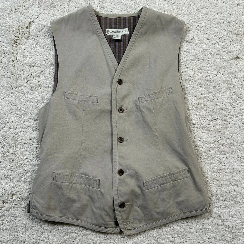 Vintage Banana Republic Safari Vest Small Tan Khaki Cotton Lined Cinch
